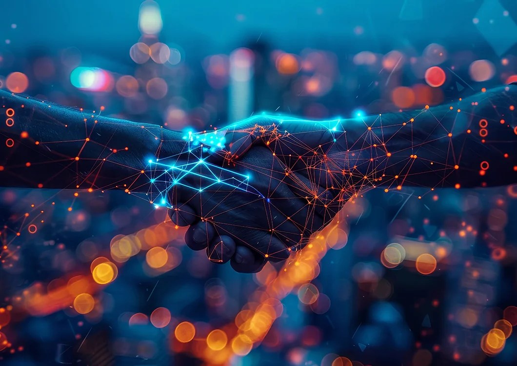 People shaking hands, with futuristic styling